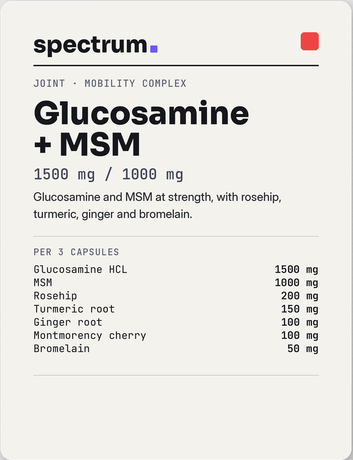 Glucosamine + MSM label showing 1500 mg glucosamine and 1000 mg MSM per serving