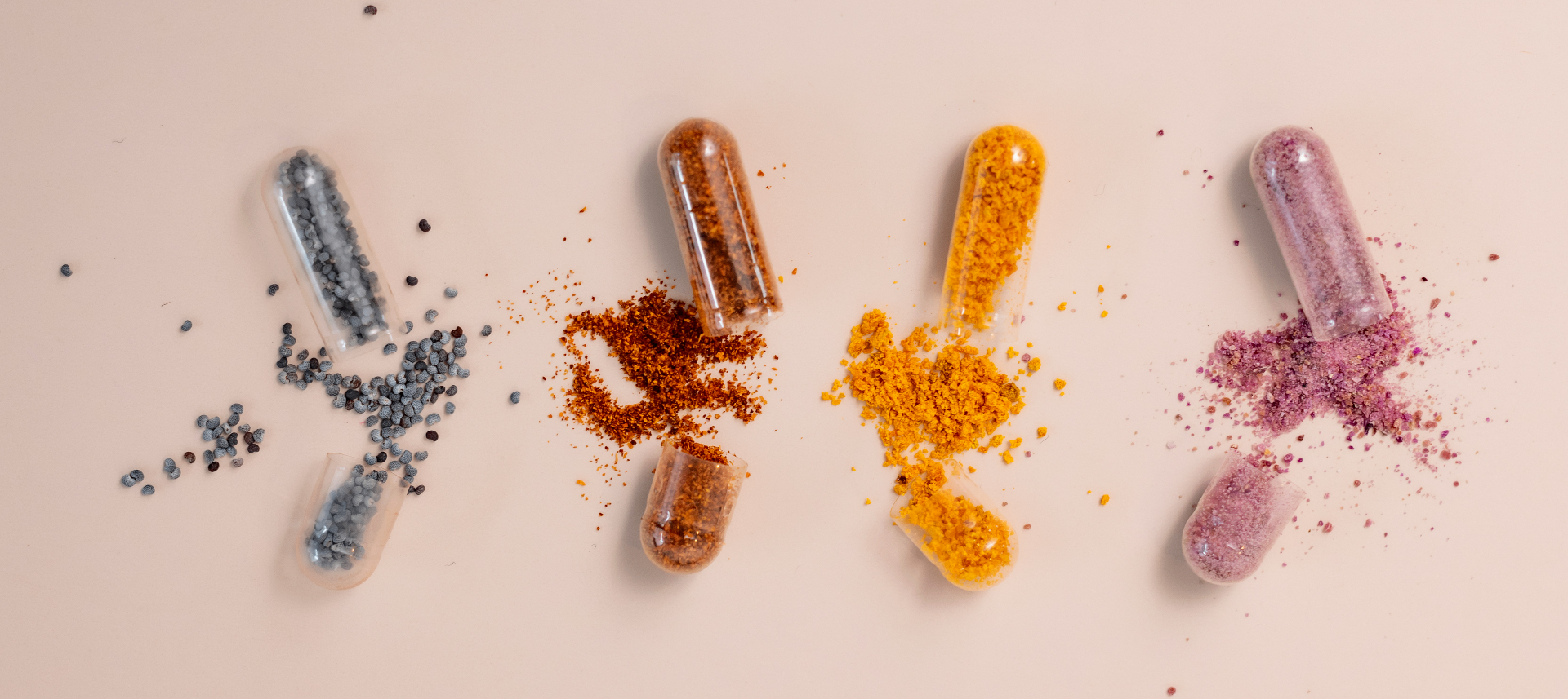 Transparent supplement capsules filled with raw botanical actives and mineral powders